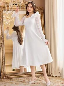 Elegant Puff Sleeve Waist Ruffle Hem Long Sleeve Wedding Dress For Teen Girls - White - View 4