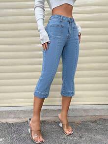 Rivivi Quần jeans denim dáng suông, có túi và cúc, dành cho nữ, thích hợp mặc hàng ngày, phù hợp cho mùa xuân/hè. - Rửa nhẹ - Xem 3