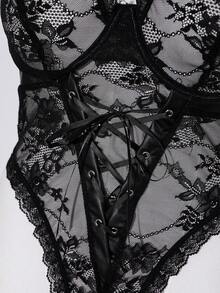 2件套浪漫蕾丝PU镂空性感女士内衣套装 - 黑色 - 查看 8