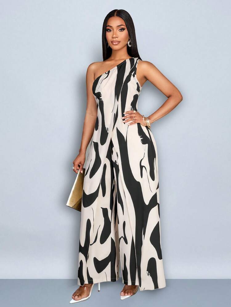 SOLERSUN Women's Fashionable Daily Casual Elegant Holiday Allover Floral Print One Shoulder Sleeveless Slit Wide Leg Jumpsuit - Black - View 6