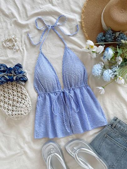 Soleia Plus Size Women V-Neck Tie Front Backless Plaid Camisole Top, Casual Holiday/Date/Valentine's Day/Afternoon Tea, Summer,Spring,Valentine's Day,Carnival,Party,Beach,Vacation,Outfits For Women.