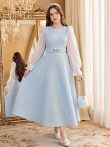 Robe capuchon élégante et luxueuse pour adolescente, printemps/été, avec ceinture ornée de strass, ourlet à volants. Convient pour les mariages, les fêtes, les vacances. Robe bicolore bleu et blanc - Bleu azur - Voir 4