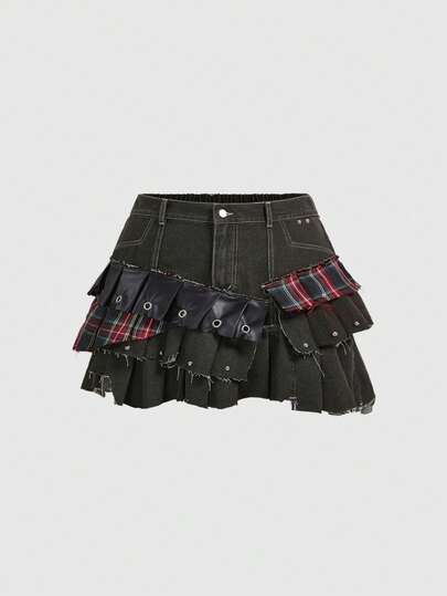 ROMWE Grunge Punk Plus Size Women Patchwork Plaid Ruffle Hem Denim Mini Skirt