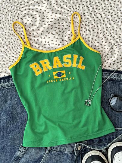TEENGIRL Bright Color Brazil Print Contrast Color Casual Camisole Snug Fit Top, Suitable For Summer, Sports & Leisure Slim Fit Top