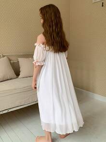 DAZY Tween Girls' Ruffle Patchwork Bow Decor Casual Loose Everyday Lounge Dress - White - View 5