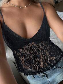 CovetEZ Áo hai dây ren hoa thời trang gợi cảm dành cho nữ - màu đen - Xem 5