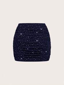 SHEIN EZwear 两件套黑色针织性感网纱亮片装饰女士迷你裙套装，适合派对穿着 - 寶藍色 - 查看 9