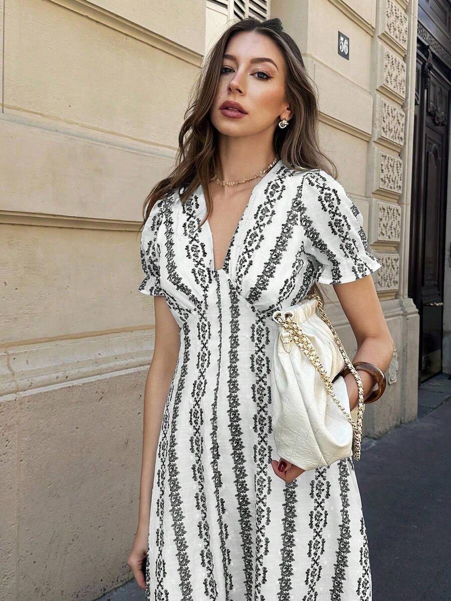 Pariaura Elegant Puff Sleeve V-Neck Vintage Print Waist Cinched Long Dress, Spring/Summer - Black and White - View 1