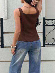 Siren Gaze Áo tank top cổ vuông màu nâu đậm dành cho nữ, trang trí khóa kim loại, kiểu dáng thanh lịch, thích hợp mặc ngoài trời. - màu nâu - Xem 2