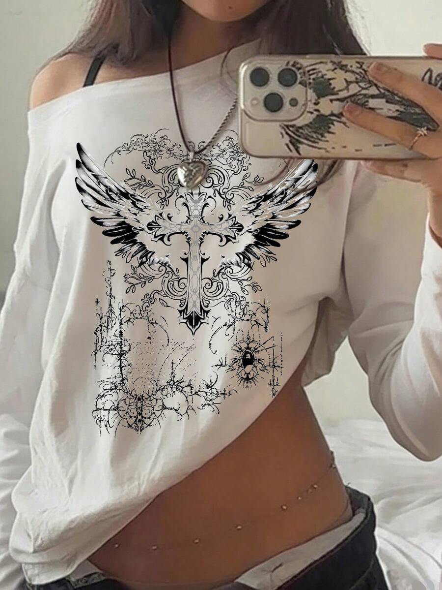 SHEIN EZwear 休闲复古朋克 Y2K 百搭派对机场风，翅膀交叉花卉做旧印花图案，新款春夏宽松不对称肩部卷边印花长袖性感露肩套头T恤，女士图案上衣嘉年华 - 彩色 - 查看 1