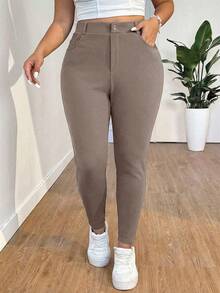 SHEIN EZwear Quần ống ôm cạp cao cỡ lớn, thích hợp cho mùa xuân/hè. - Màu nâu  Mocha - Xem 1