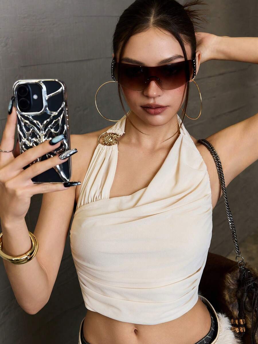 Rina Fox Women's Solid Color Minimalist Halter Neck Top, Everyday Wear - Yellow - View 1