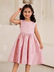 Glamorique Kids Girls' Sleeveless Jacquard Rose Dress With Flared Skirt,Butterfly Back,Elegant Princess Style For Birthday,Wedding,Banquet,Pink,Summer,Traditional - Pink - View 5
