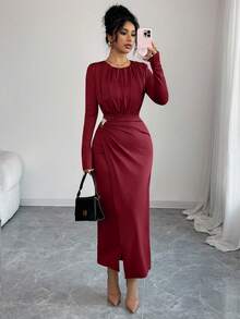 SHEIN Elenzya Women's Elegant Knitted Long Sleeve Dress,Burgundy,Autumn,Dining Metallic Decor Waist Cinched Fitted Vintage Chic French Street Christmas Party Dress - Burgundy - View 6