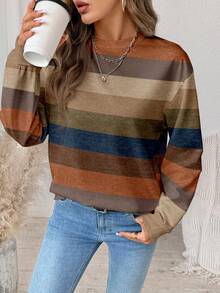 SHEIN LUNE Casual Retro Striped Contrast Color Cozy Print Pattern Crew Neck Loose Fit Women Sweatshirt, Comfortable For Spring And Autumn Carnival - Multicolor - View 4