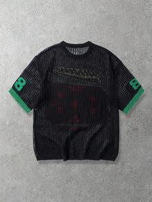 ROMWE MEN Prep Spring/Summer Casual Graphic Men'S Letter & Number Hollow-Out Knit Sweater - Black - View 2