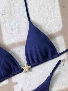 Swim Mod 2pcs/Set Navy Blue Bikini Set,Summer Beach Vacation Casual Holiday Gold Starfish Decor Halter Micro Swimwear Set Solid Textured Fabric Star Bikini - Navy Blue - View 5