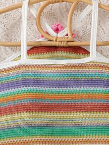 SHEIN Elladie kids Đầm hai dây hở lưng kẻ sọc cầu vồng thời trang ngọt ngào cho bé gái, trang phục dễ thương cho kỳ nghỉ hè. - Đỏ - Xem 7