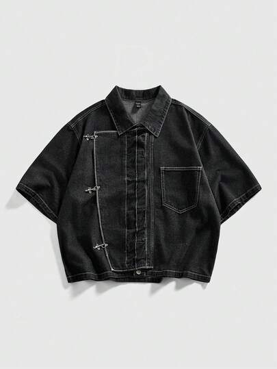 ROMWE MEN Street Life Men's Oblique Placket Airplane Buckle Denim Jacket