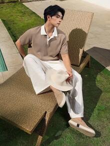 DAZY 男士卡其色拼接领针织衫，夏季 - 杏色 - 查看 5