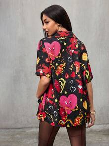 HOT STUFF X SHEIN Áo sơ mi nữ tay ngắn dáng rộng, in họa tiết toàn thân, cài cúc phía trước, thích hợp cho mùa hè. - màu đen - Xem 2