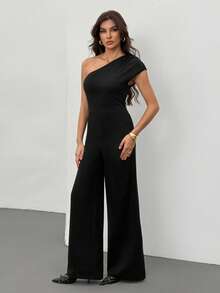 SHEIN Tall 女士纯黑色不对称肩部修身阔腿连体裤，优雅外出装，适合日常、约会、旅行、派对、聚会等场合。 - 黑色 - 查看 1