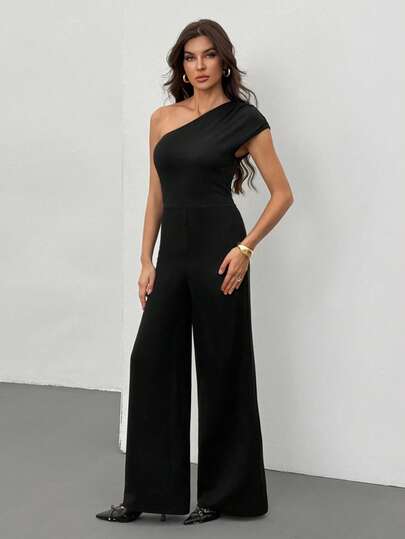 SHEIN Tall 女士纯黑色不对称肩部修身阔腿连体裤，优雅外出装，适合日常、约会、旅行、派对、聚会等场合。