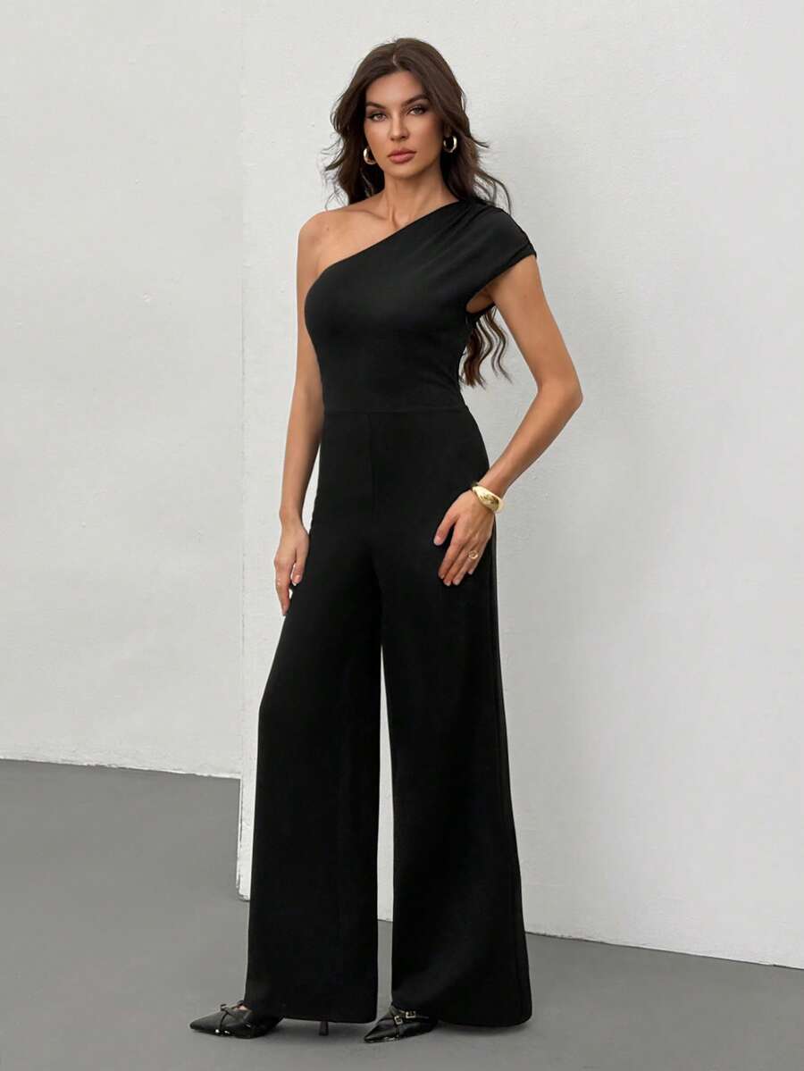 SHEIN Tall 女士纯黑色不对称肩部修身阔腿连体裤，优雅外出装，适合日常、约会、旅行、派对、聚会等场合。 - 黑色 - 查看 1