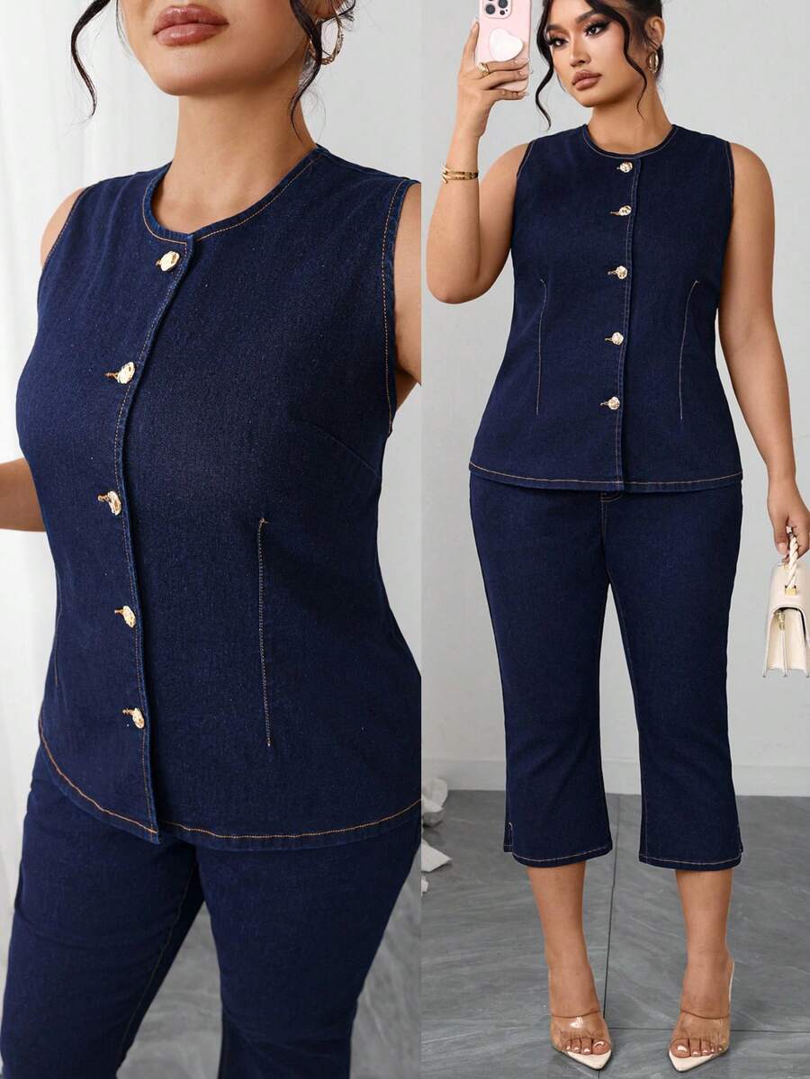 SHEIN Elenzya 大码女士优雅修身藏蓝色弹力牛仔上衣 - 深色水洗藍 - 查看 1