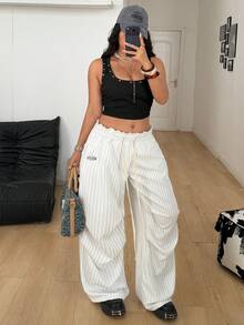 Coolane 大码女式字母条纹褶裥阔腿宽松休闲裤 - 白色 - 查看 4