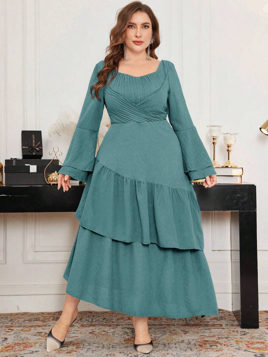 Modelyn Vestido de mujer talla grande con mangas acampanadas, dobladillo con volantes y cintura recogida, elegante para primavera/verano - Verde - Ver 1