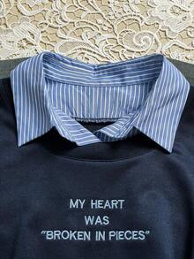 INAWLY Plus Size Casual Patchwork Striped Letter Print Polo Collar Sweatshirt, Autumn - Navy Blue - View 3