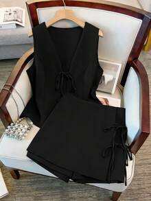 GlowEve CURVE 大码女式夏季休闲度假风纯色系结前开无袖上衣和裹身裙两件套 - 黑色 - 查看 1