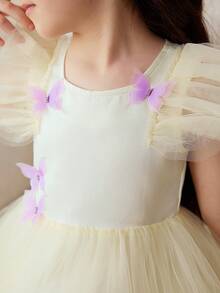 Young Girls Dress, Flowy Mesh Princess Dress With Ruffle Sleeves, 3D Butterfly Decor, Party & Celebration - Apricot - View 5