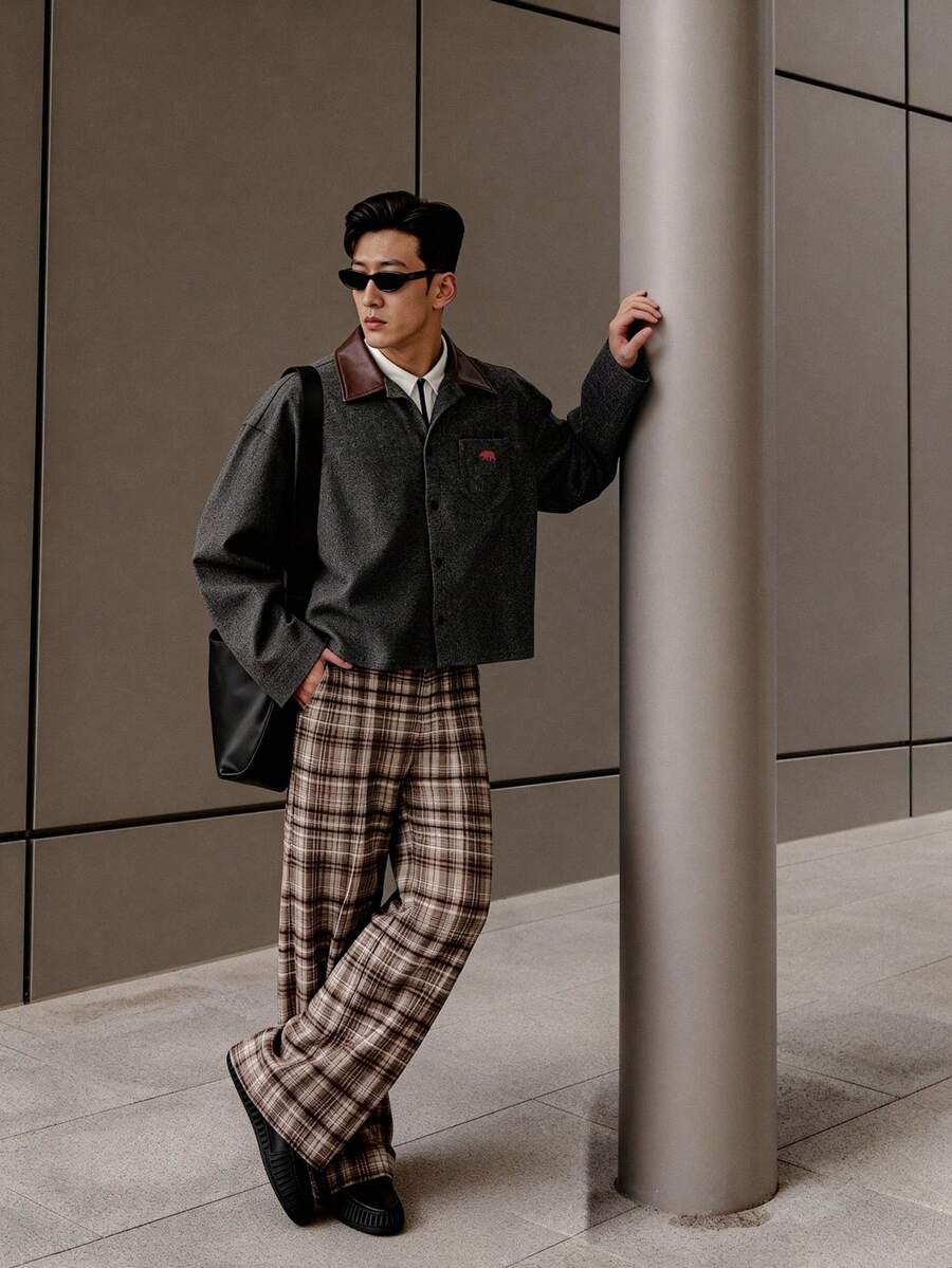 Manfinity BRENVOR Áo sơ mi nam tay dài cổ màu tương phản, đơn hàng, túi thường ngày, mùa thu - Xám - Xem 1