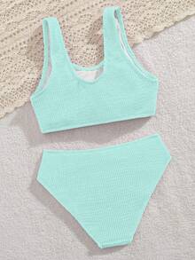 SHEIN 少女比基尼套装，针织波浪纹面料两件式泳衣，优雅保守的欧美时尚风格，适合度假、游泳、夏季和海滩穿着。 - 綠色 - 查看 2