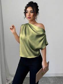 Chiquease Áo kiểu satin lệch vai xếp nếp dành cho nữ, trang phục thường ngày thanh lịch, phù hợp cho tiệc tùng, công sở, sinh hoạt hàng ngày, mùa xuân/hè. - xanh quân đội - Xem 6