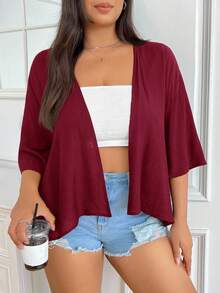 SHEIN EZwear Summer Short Thin Lightweight Textured Plus Size Short Jacket In Fall/Winter Women's Cardigan Summer Cardigan - Burgundy - View 5