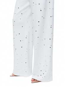 TypaGal White Knitted Casual Wide Leg Pants For Women Semi Sheer Long With Rhinestone Details - White - View 7
