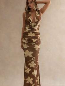 Glamine Draped Neck Brown Floral Print Long Dress,Summer Elegant Vacation Holiday Women Clothes,Back To School Wedding Guest Brown Two Piece Set - Brown - View 5