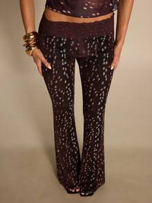 SHEIN BAE 女士撞色蕾丝印花喇叭裤 - 棕色 - 查看 7