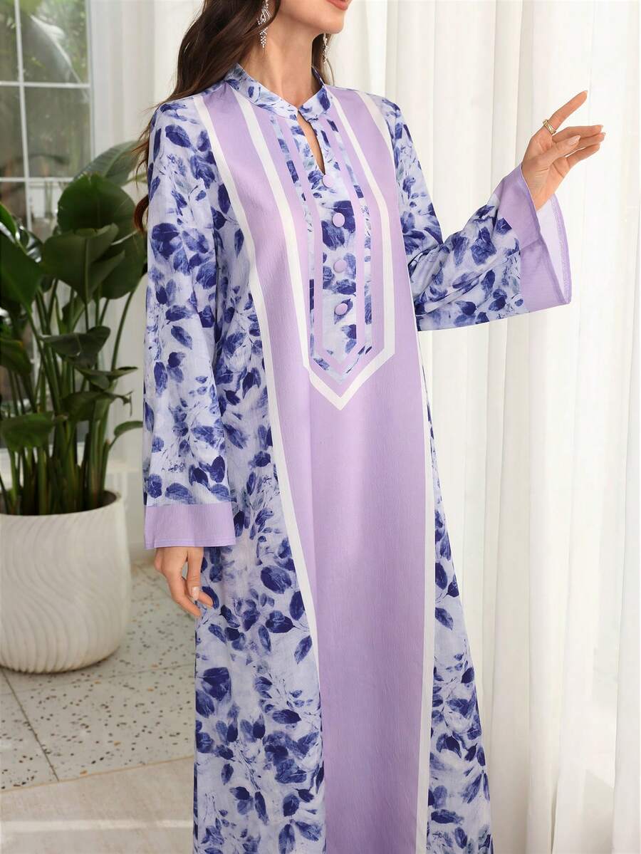 Al Najma Elegant Floral Print Arabic Style Dress With Small Stand Collar And Front Button Closure, Purple - Multicolor - View 1