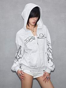 ROMWE Avant Street Casual Y3K Sexy Chain Print Lightweight Grey Open Front Sweatshirt For Women - Light Grey - View 7