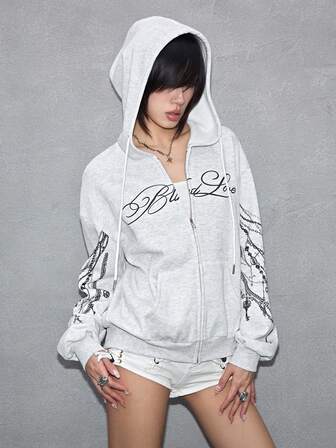 ROMWE Avant Lässiger Street-Style Y3K Sexy Ketten-Muster leichter grauer offener Pullover für Frauen