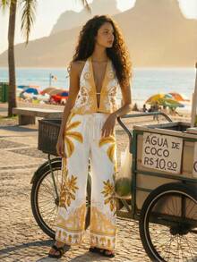 CAJUNI Conjunto de top halter sin espalda y pantalones con estampado tropical, para vacaciones y uso casual - Multicolor - Ver 1