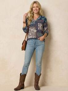 EMERY ROSE Women V-Neck Mid-Sleeve All-Over Print Casual Shirt Fall Women Clothes - Multicolor - View 3