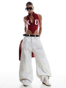 LYSMO 女士字母印花深V不对称下摆修身露脐性感吊带背心 - 酒紅色 - 查看 6