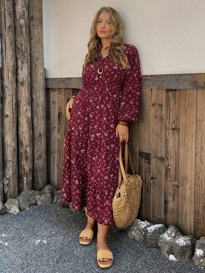 Linhara Plus Size V-Neck Printed Casual Versatile Long Sleeve Dress For Women Long Floral Dress Women Boho Dress Women Long Sleeve Maxi Dress Women Long Casual Dress Cottagecore Dress