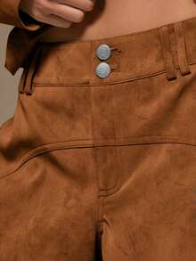 MUSERA Suedette Seam Detail Wide Jean Trousers Cool Girl, Streetstyle, Cute, Fall, Autumn, Winter - Brown - View 7
