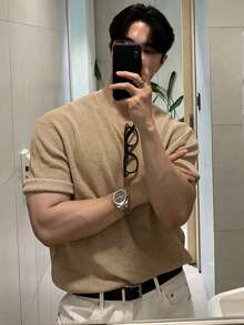 DAZY 男士纯色卡其色针织套头衫，适合通勤和夏季穿着 - 卡其色 - 查看 4